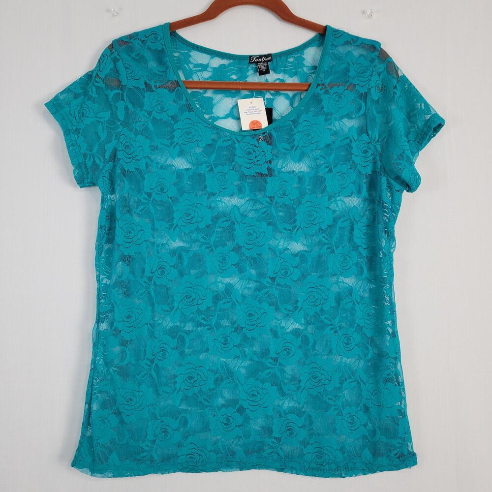 Feathers Sheer Floral Lace Short Sleeve Top size 1X Torquiose Y2K 90s, New